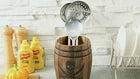 Brown Wooden Kitchen Utensil Crock Holder Skull and Sword Design