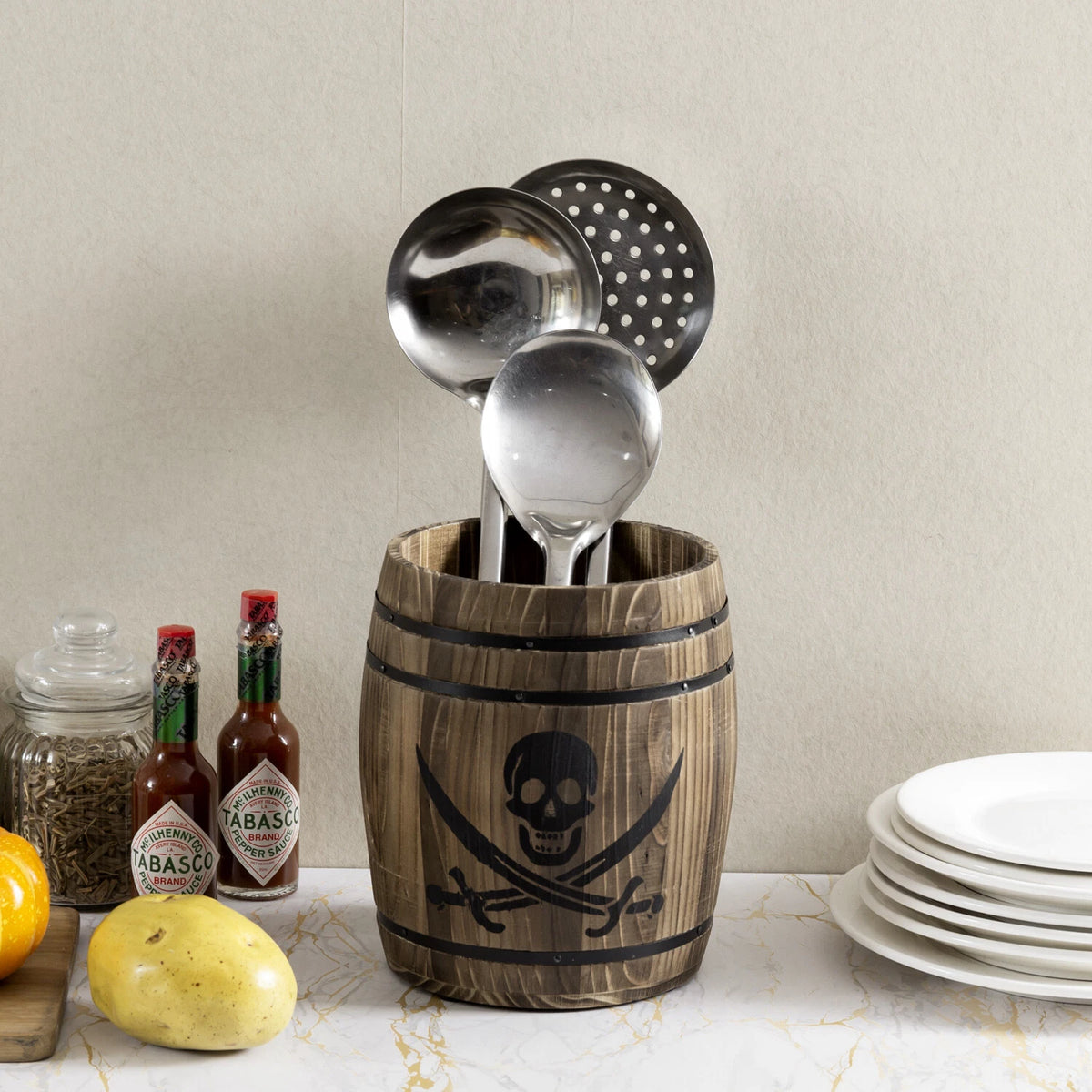 Brown Wooden Kitchen Utensil Crock Holder Skull and Sword Design