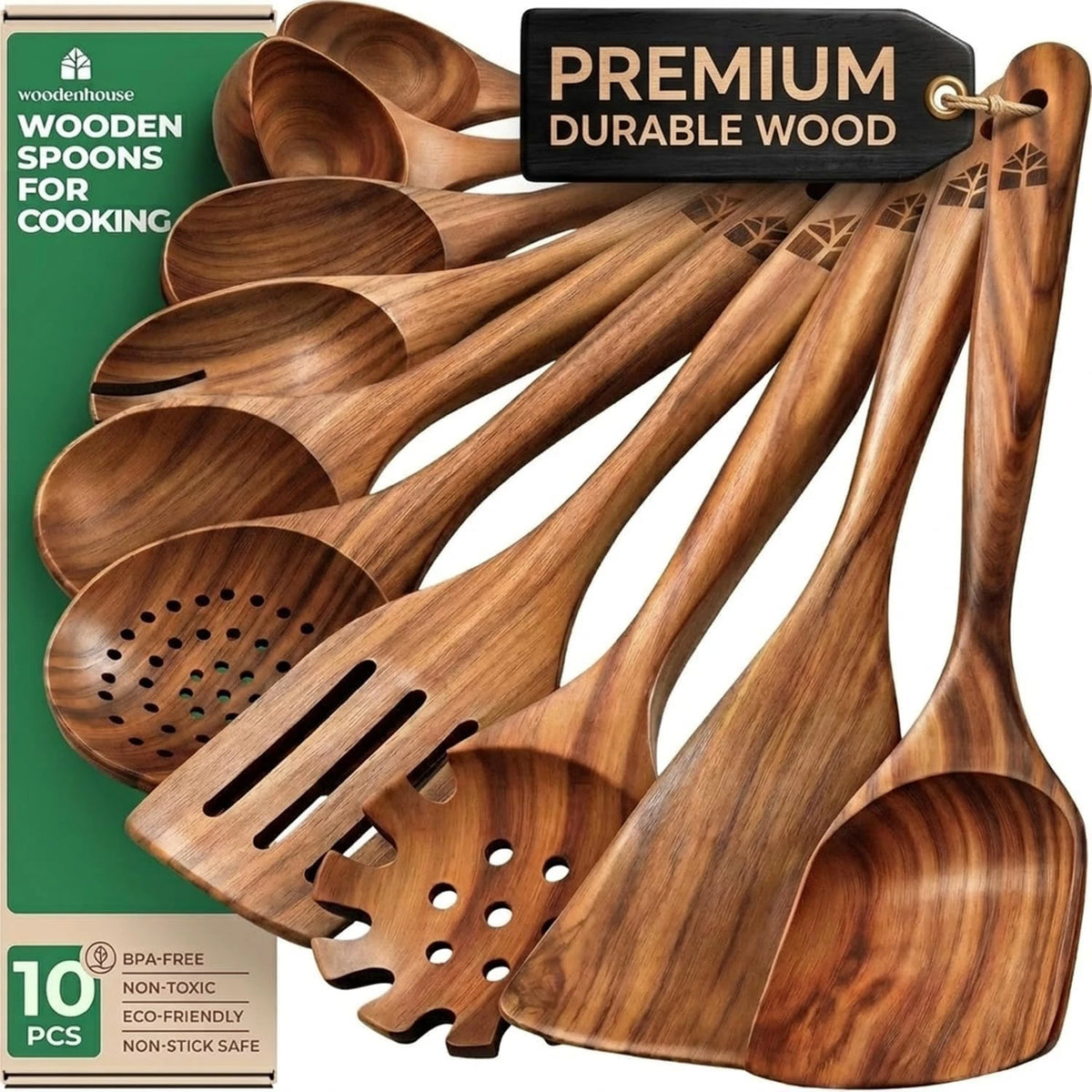 10 Pcs Wooden Cooking Spoons Set Teak Kitchen Utensils Non Toxic Wood